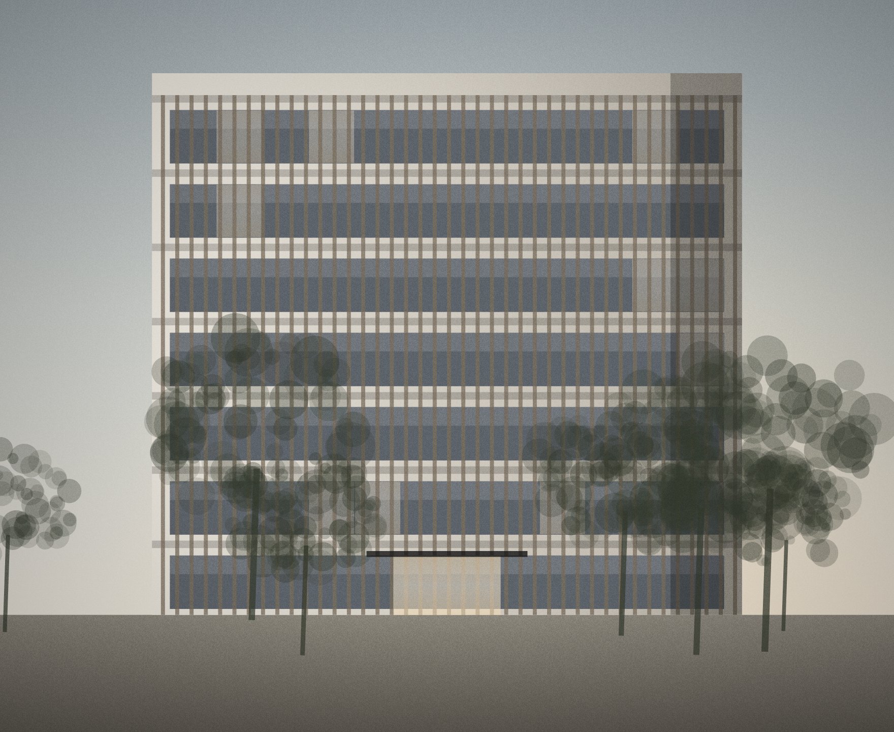 Illustrative low-rise apartment building with planting; not an actual listing