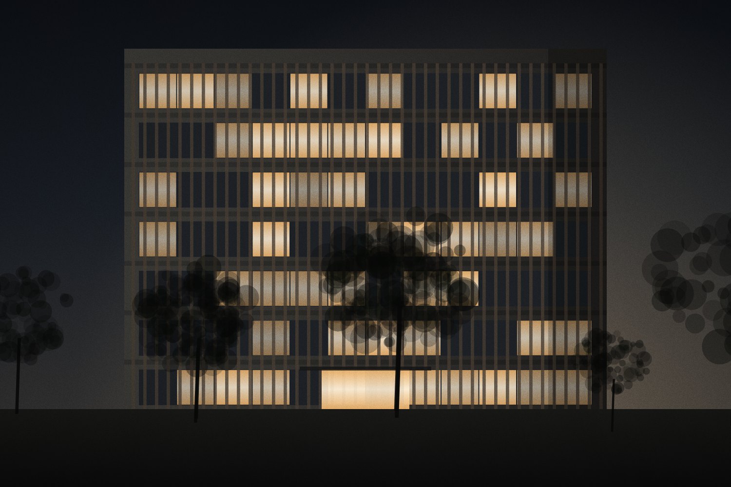 Illustrative low-rise apartment building with planting; not an actual listing