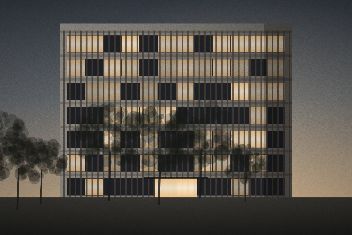 Illustrative low-rise apartment building with planting; not an actual listing