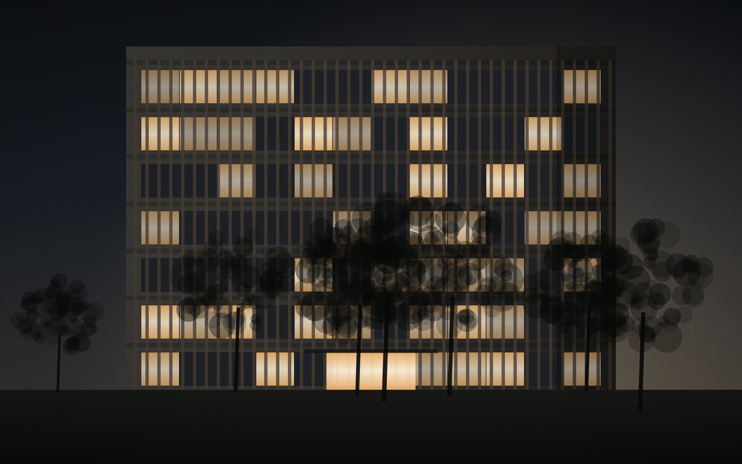 Illustrative low-rise apartment building with planting; not an actual listing